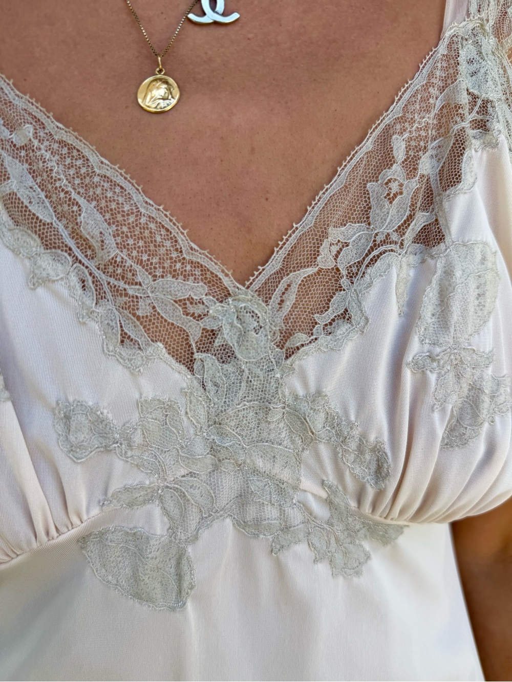 Vintage 60s Nightgown Maxi Slip Dress Lace-Trim Long Chemise Slip in Cream Ecru - Picture 5 of 14